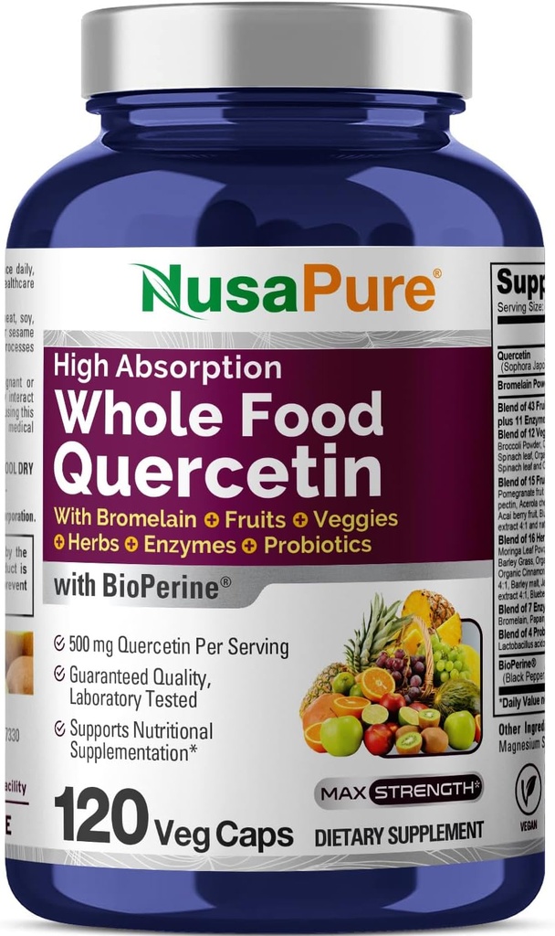 NusaPure Quercetin avec Bromelain 500mg.120 Caps de légumes 43 Fruits Veggie Grain Herbes Enzyme Probiotique Blend.