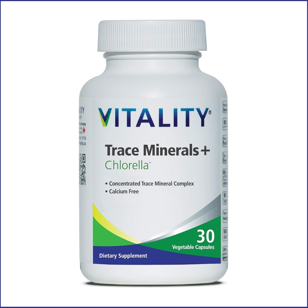 Trace de vitalité Minéraux + Chlorelle – 30 jours/Capsules- Complexe minéral à spectre complet fabriqué au Canada. Vegan, sans allergène.