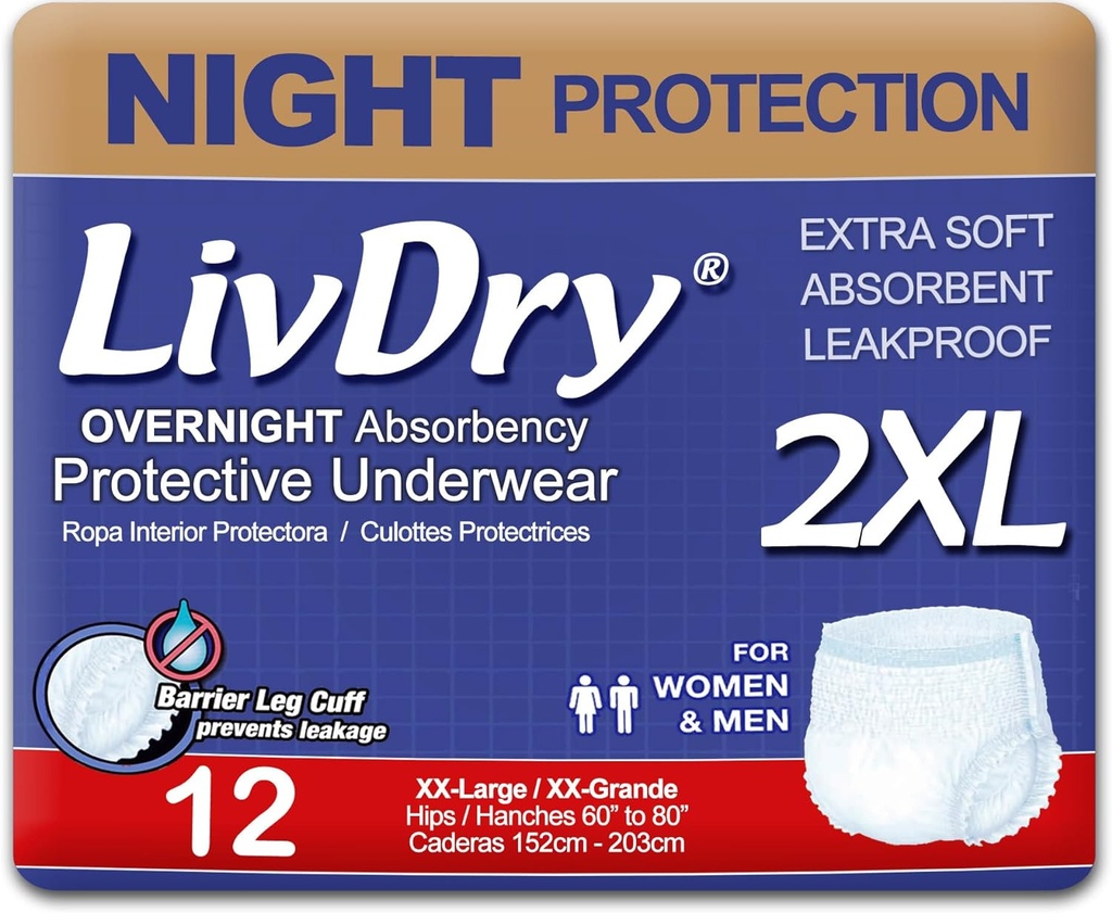 LivDry Adult XXL Incontinence Underwear, Overnight Comfort Absorbency, Leak Protection, XX-Large, 12-Pack