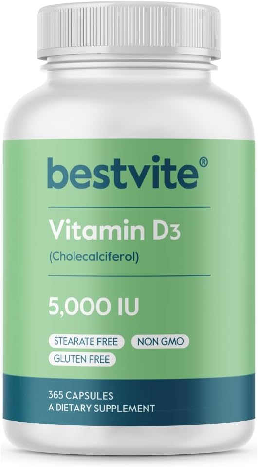 BESTVITE Vitamine D3 5000 UI (365 capsules) - Pas de stéarate - Non OGM - Sans gluten - 1 an d'approvisionnement en vitamine D