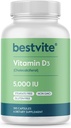 BESTVITE Vitamine D3 5000 UI (365 capsules) - Pas de stéarate - Non OGM - Sans gluten - 1 an d'approvisionnement en vitamine D