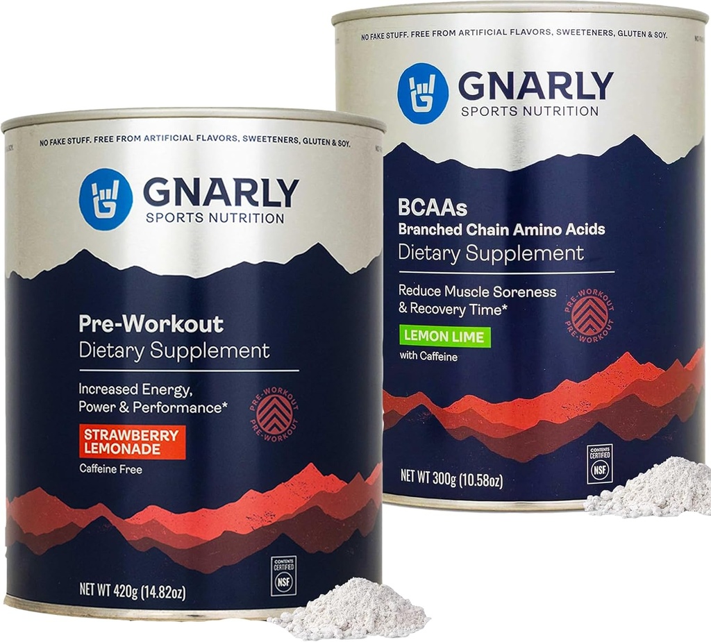 Gnarly Nutrition Gnarly Preworkout Fraise Citronade Caféine Sans (14.82oz) BCAAs Citron Lime (10.58oz)