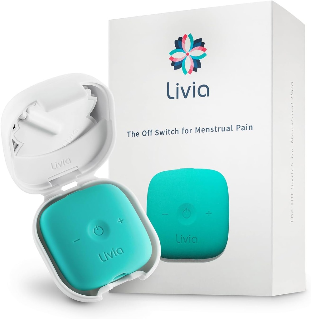Dispositif de soulagement de la douleur menstruelle Livia, bleu-vert – hors-switch pour la douleur d'époque – Portable et discret – rechargeable, jusqu'à 12 heures de batterie – Kit complet avec tampons à bâton – Le partenaire de voyage Go-to