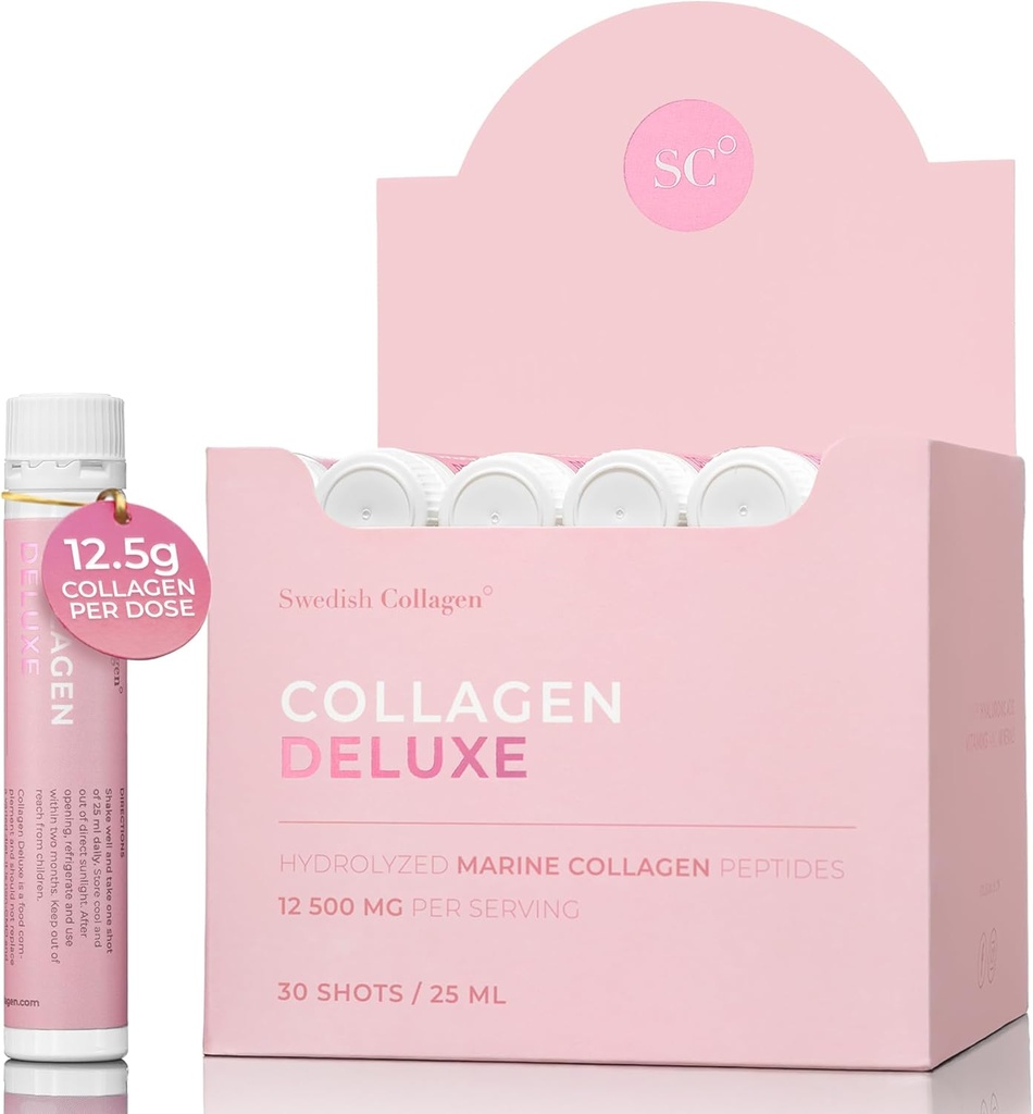 Suédois Collagène Deluxe de 12 500 mg Complément liquide de collagène marin hydrolysé - 30 x 25 ml Tours quotidiens de l'acide hyaluronique, de la biotine et de la vitamine C pour soutenir les cheveux sains, la peau, les ongles