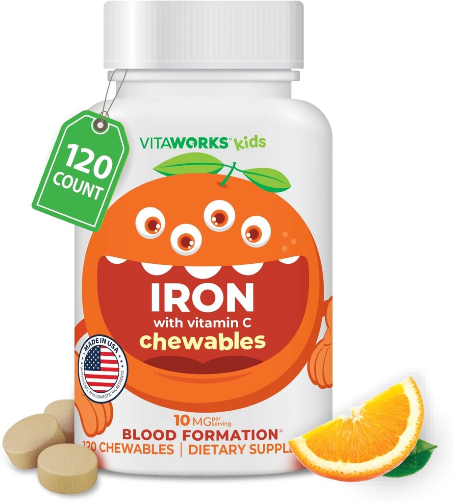 Kids Iron 10mg with Vitamin C 50mg Chewable Tablets - Tasty Natural Flavored - Vegan, Vegetarian, GMO-Free, Nut Free - Dietary Iron Supplement - Blood Formation for Children - 120 Chewables