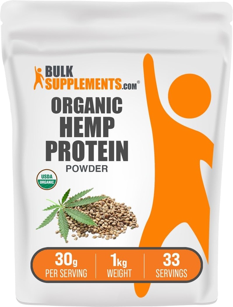 BulkSupplements.com Poudre de protéines de chanvre biologique - Protéine de chanvre organique, poudre de fibre haute - Vegan & sans gluten, 30g par portion, 1kg (2,2 lbs) (paquet de 1)