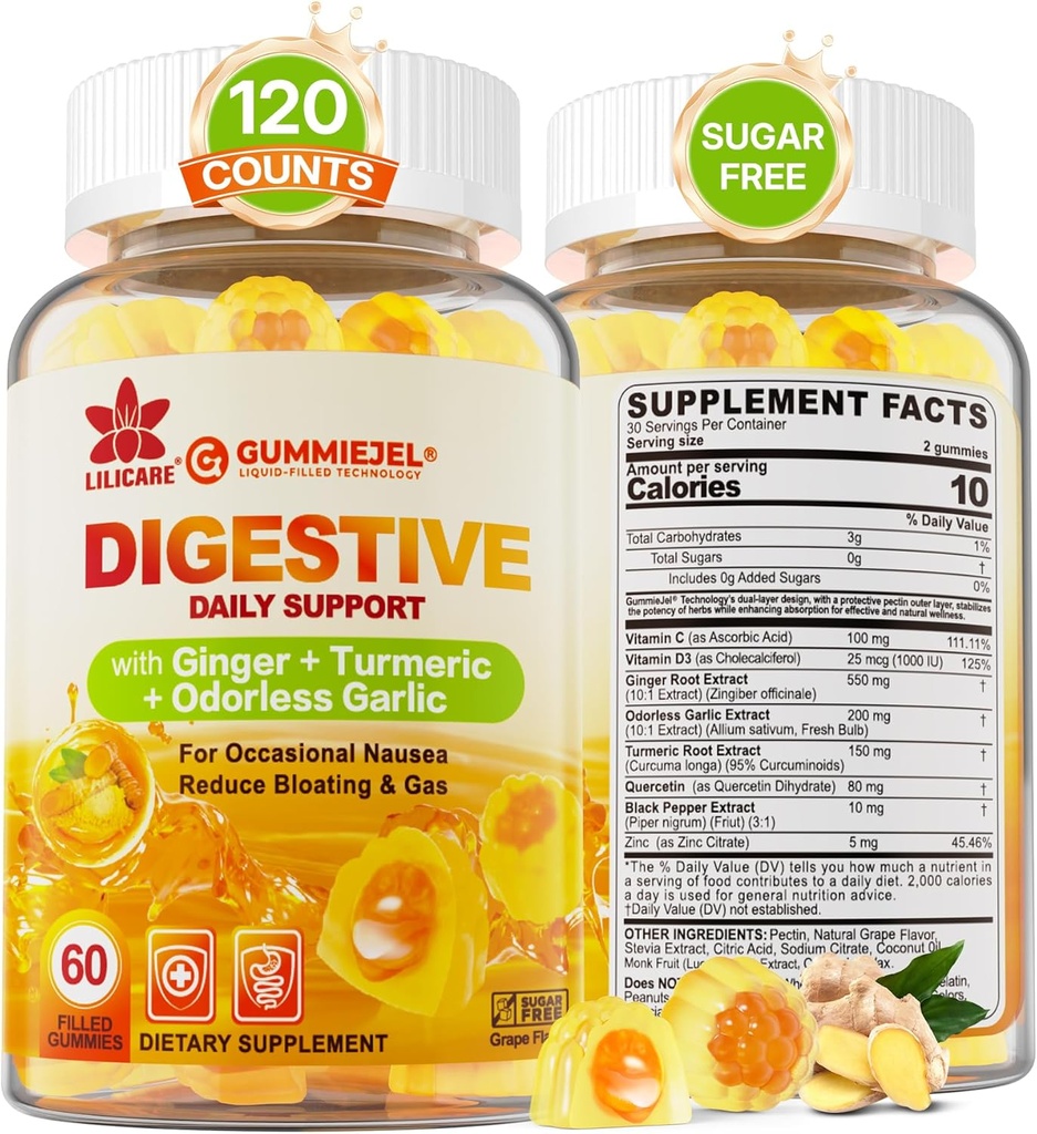 Ginger Chews Gummies for Nausea & Digestive Support, Stomach Relief, Sugar Free with Turmeric,Odorless Garlic, Quercetin, Vitamin D3,Digestive Supplements for Occasional Bloating & Gas, 2Pack
