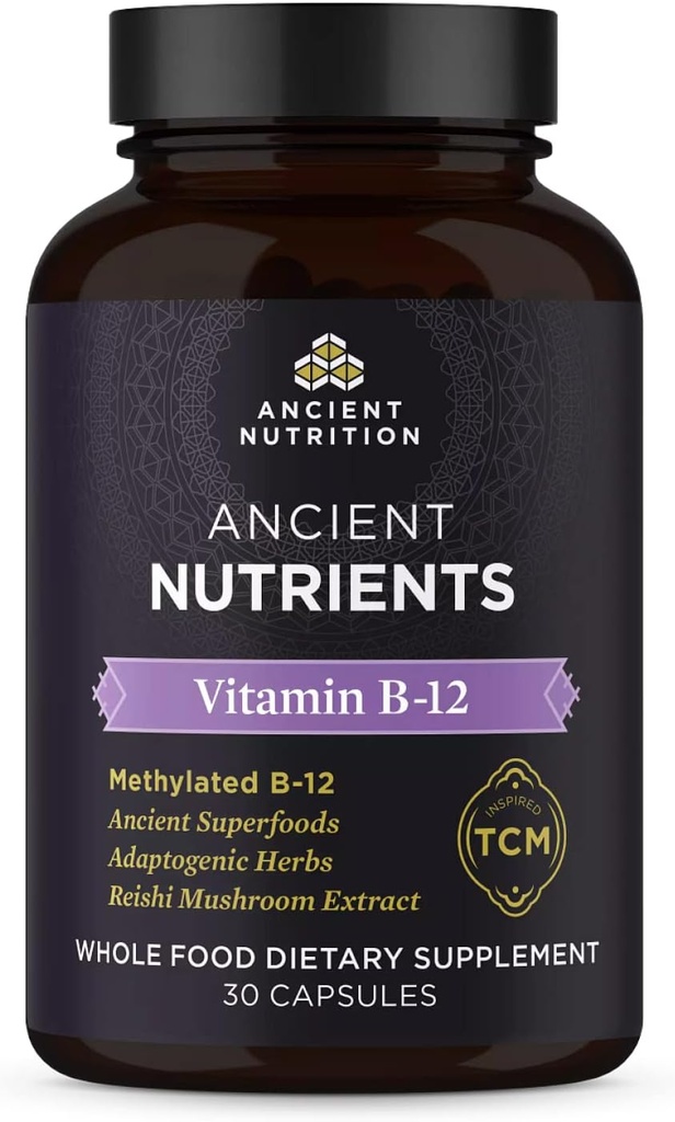 Alimentation ancienne Supplément vitamine B12, soutient le métabolisme de l'énergie et le système nerveux santé, herbes Adaptogènes, Enzyme activé, Paléo & Keto amical, 30 Capsules
