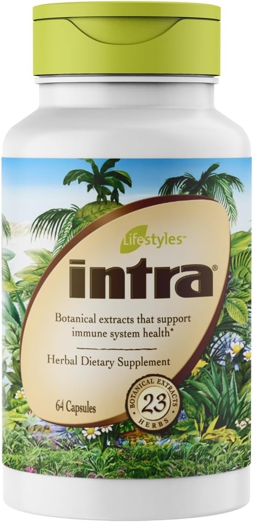 Capsules Intra Lifestyles - Supplément à base de plantes pour le soutien immunitaire, la désintoxication, la digestive et la santé cardiovasculaire – 23 Extraits botaniques – Fabriqués au Canada – 64 Capsules (64 Capsules (paquet de 1))
