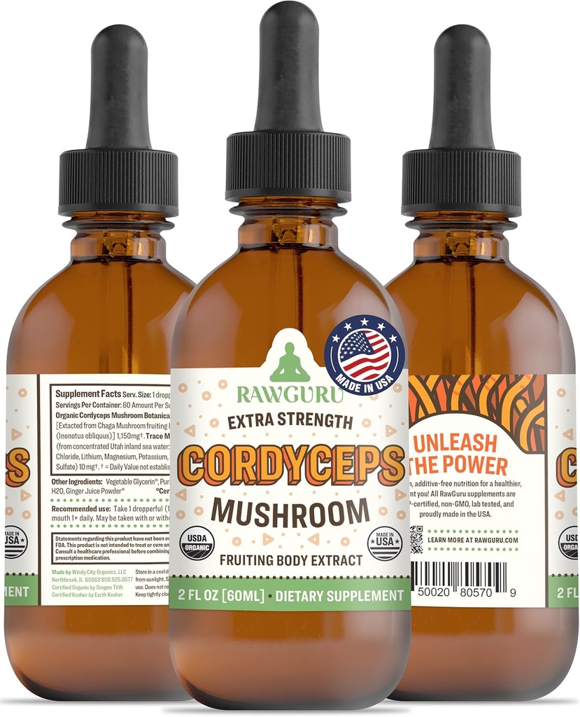 RawGuru Cordyceps Mushroom Supplement - Vegan Cordyceps Extract with Trace Minerals - Nano-Processed Immunity Boost & Cognitive Supplement Tincture - 60 Servings of Vegan Drops per 60 ml, Pack of 1