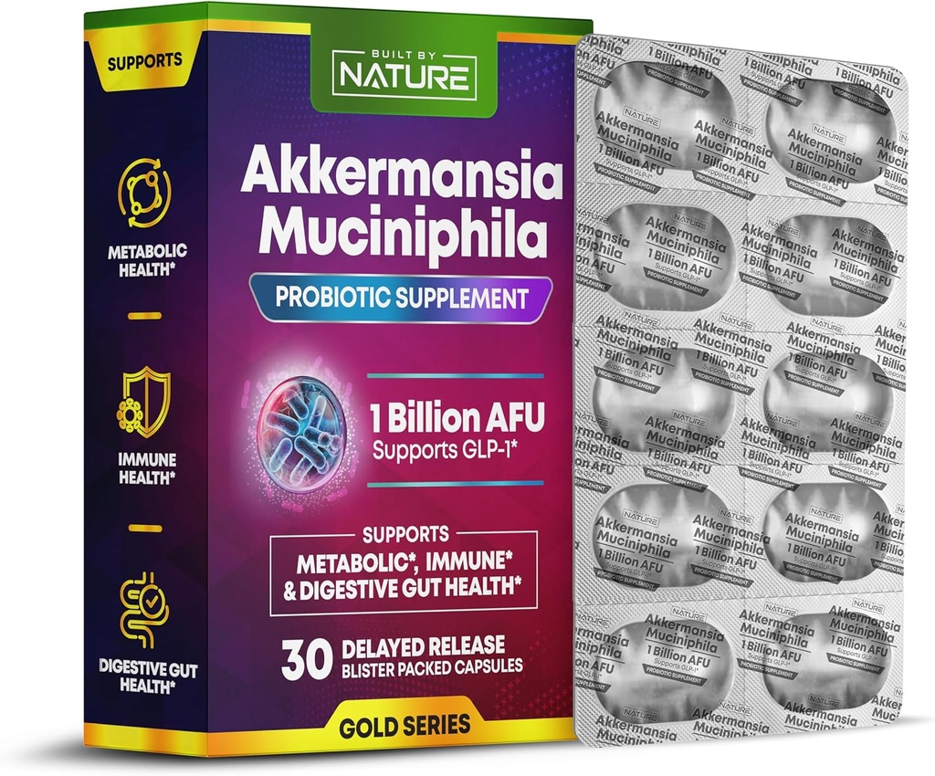 Built by Nature Akkermansia Probiotic – GLP-1 & Akkermansia Muciniphila Supplement – Glucose Support, Weight Loss, Gut Health - Best Akkermansia Probiotics - 1 Month Supply, 30 Capsules