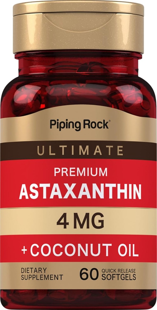 Piping Rock Astaxanthine 4mg.60 Softgels avec huile de noix de coco.