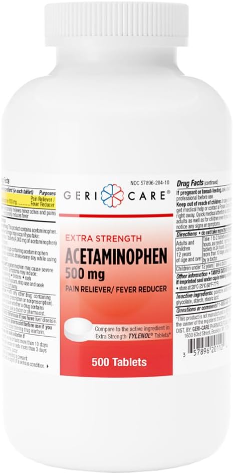 GeriCare Extra Strength Acétaminophène analgésique Comprimés réducteurs de fièvre, Strength 500mg Comprimé articulaire, musculaire, arthrite, soulagement de la douleur dorsale, 500 Compte (paquet de 1)