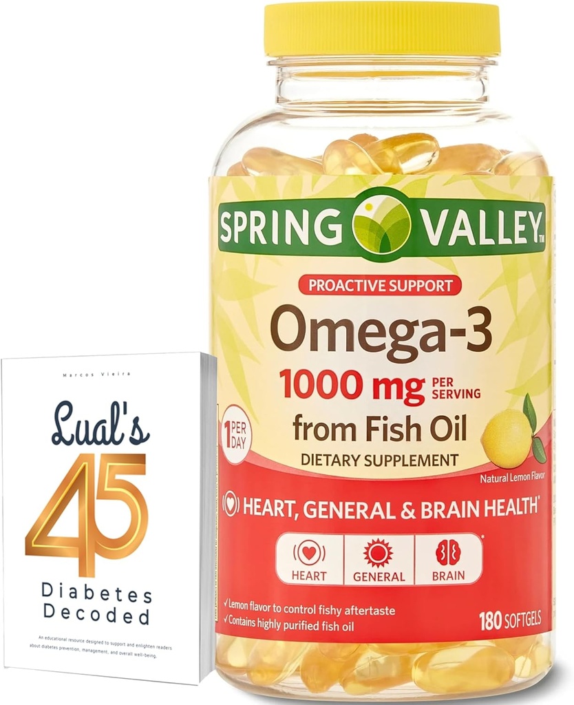 Spring Valley Omega-3 Huile de poisson Gels doux, 1000 mg, 180 Compte, complément alimentaire, Omega-3 Acides gras avec 45 Diabète Décodé
