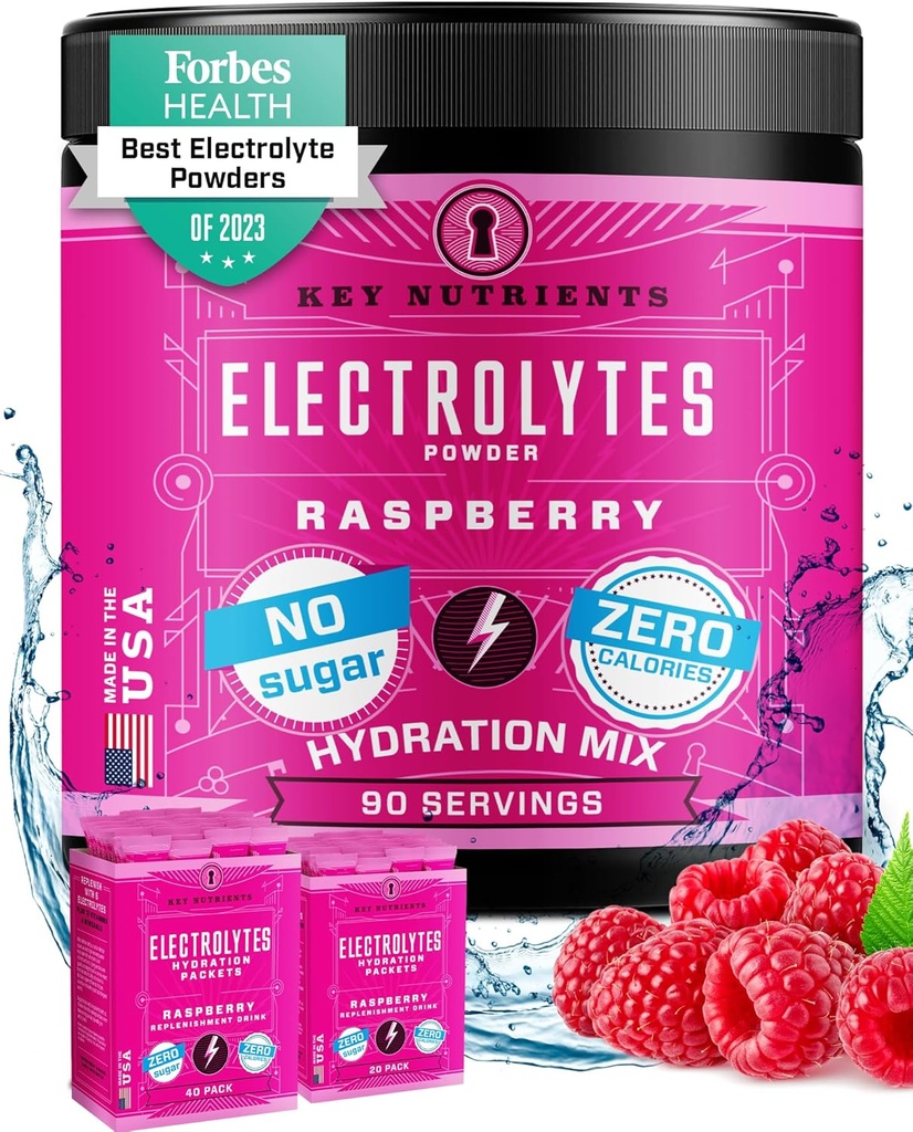 CLÉS NUTRIENTS Électrolytes Multivitamine Poudre Pas de sucre - Poudre d'électrolyte de framboise juteuse - Poudre d'hydratation - Pas de calories, sans gluten Kéto Électrolytes Poudre - 90 portions - Fabriqué aux États-Unis