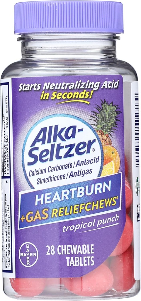 Alka-Seltzer Heartburn + Gas ReliefChews - Relief of Heartburn, Gas, Acid Indigestion, and Sour Stomach - Tropical Punch Flavors - 28 Comte