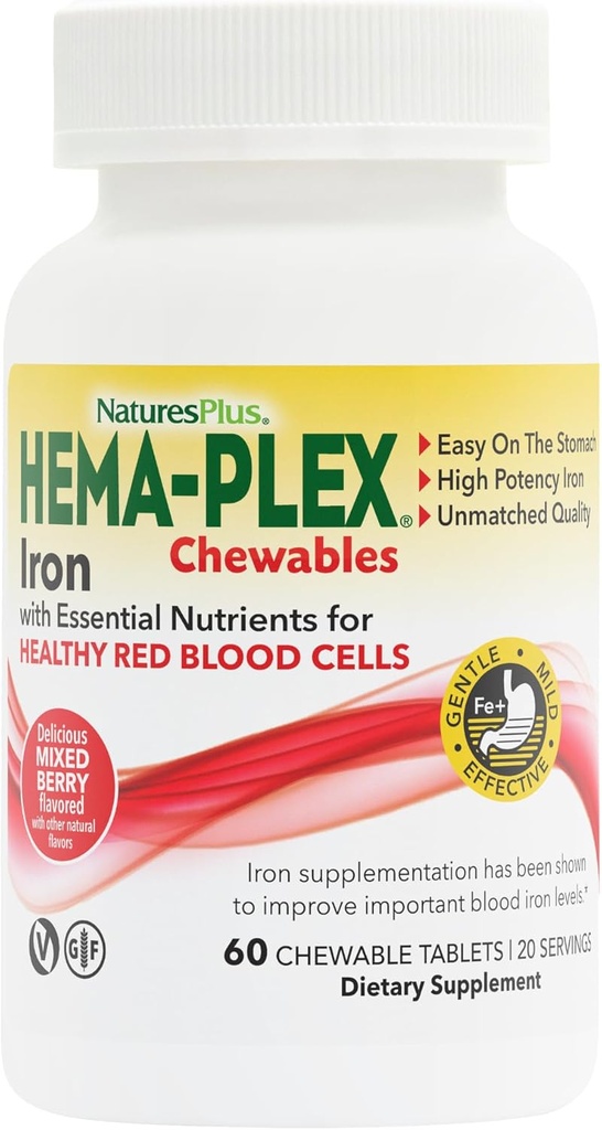 Natures Plus Hema-Plex Fer - 60 baies mélangées Chewables - 85 mg Fer élémentaire - Santé totale du sang - avec vitamine C et bioflavonoïdes - végétalien, sans gluten - 20 portions