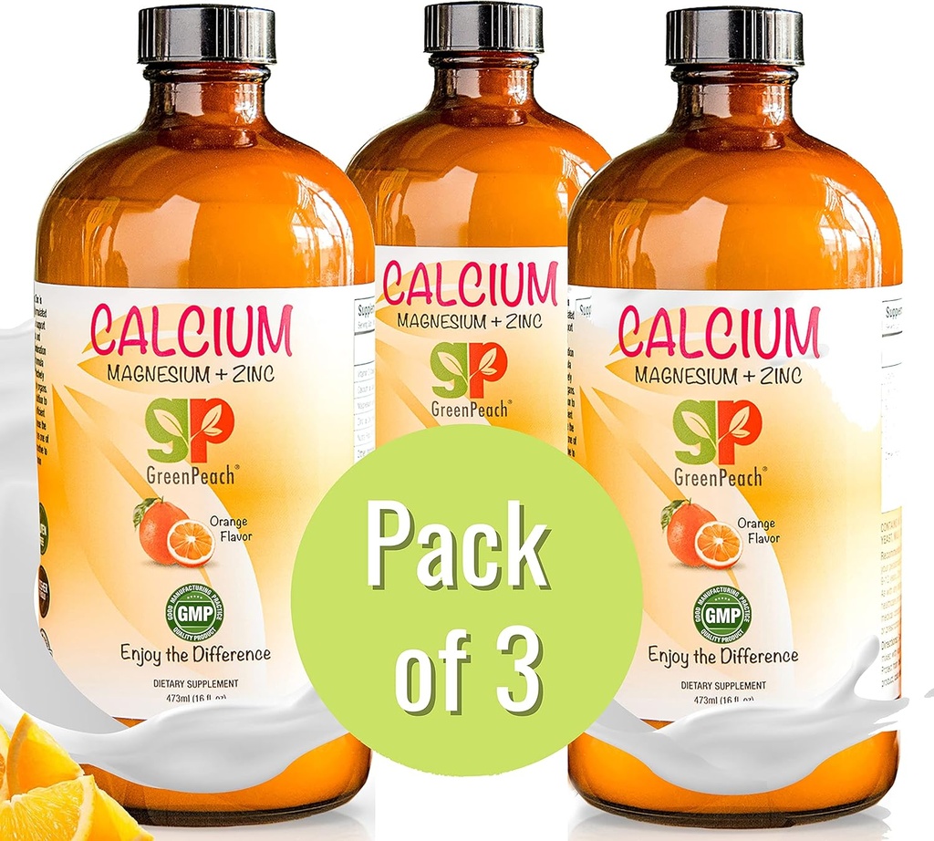 Calcium liquide GreenPeach pour les enfants - Supplément Magnésium, D3 et zinc - Citrate de calcium et vitamine D3 enfants Calmer le sirop - Pas de sucre Pas de saveurs artificielles - Végétarien Kosher (3-Pack)