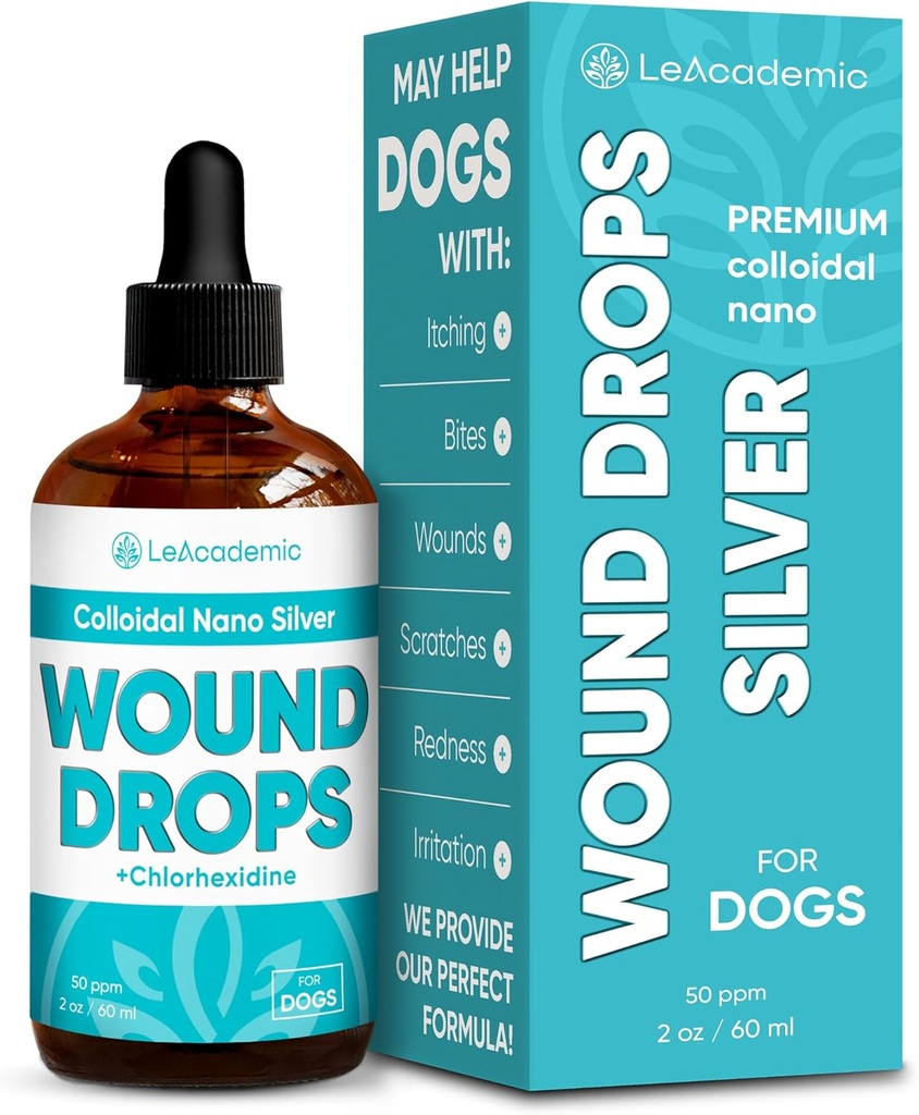 Soin des plaies chez le chien dans les gouttes Le cône du chien peut être utile ici.Argent + Chlorhexidine est un sauveteur pour l'irritation cutanée, les éraflures, les morses, la rougeur et les sutures après chirurgie.