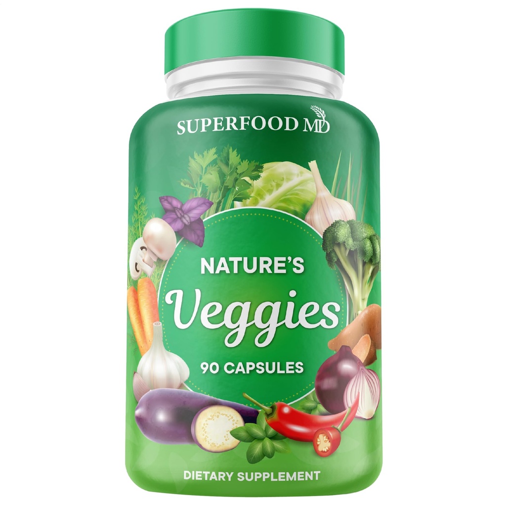 Superfood MD Veggies Supplément - 90 Capsules de Véggie - supporte les niveaux d'énergie, bêta-carotène, vitamines et minéraux - Sans soja - 90 Compte