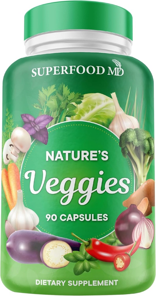 Superfood MD Veggies Supplément - 90 Capsules de Véggie - supporte les niveaux d'énergie, bêta-carotène, vitamines et minéraux - Sans soja - 90 Compte