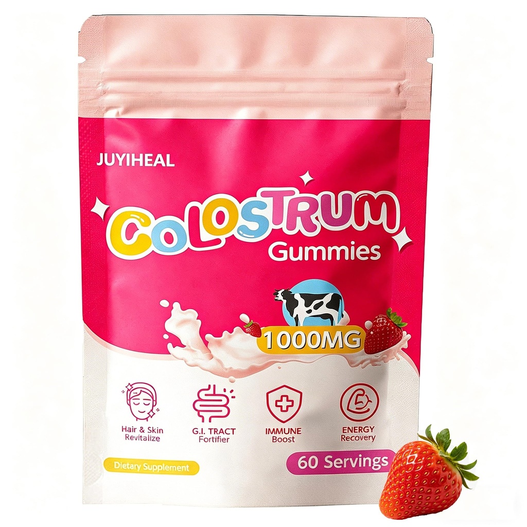 Colostrum Gummies, 1000 mg de supplément de colostrum à l'herbe Colostrum Chews Colostrum pour la santé de Gut, la croissance des cheveux, la beauté et le soutien immunitaire, parfum de fraise 60 portions