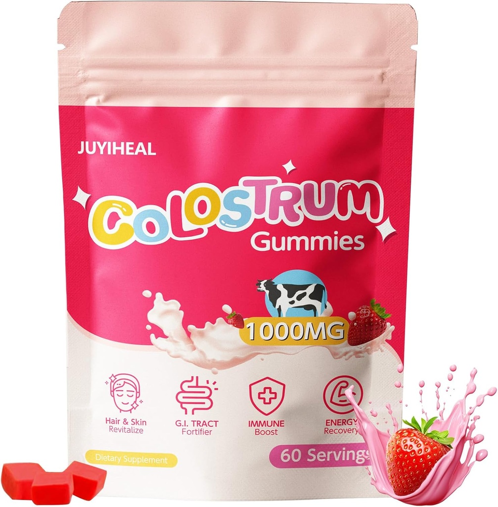 Colostrum Gummies, 1000 mg de supplément de colostrum à l'herbe Colostrum Chews Colostrum pour la santé de Gut, la croissance des cheveux, la beauté et le soutien immunitaire, parfum de fraise 60 portions