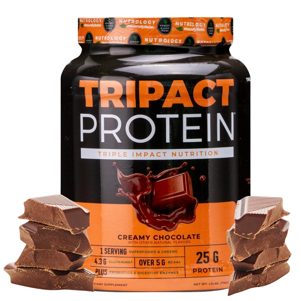 Nutrologie TRIPACT Poudre de protéines - 7-en-1 Remplacement des repas Shake with Grass Fed Whey Poudre de protéines, pois, riz, verts pour la récupération des muscles et l'immunité, chocolat crémeux aromatisé, 20 portions