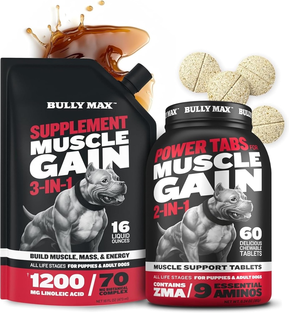 Bully Max 3-en-1 Liquid Dog Muscle Builder and Power Tabs (60 onglets) Bundle – Supplément haute protéine et multivitamines à croquer pour la croissance musculaire, l'énergie et la récupération dans toutes les races, les chiots et les chiens adultes