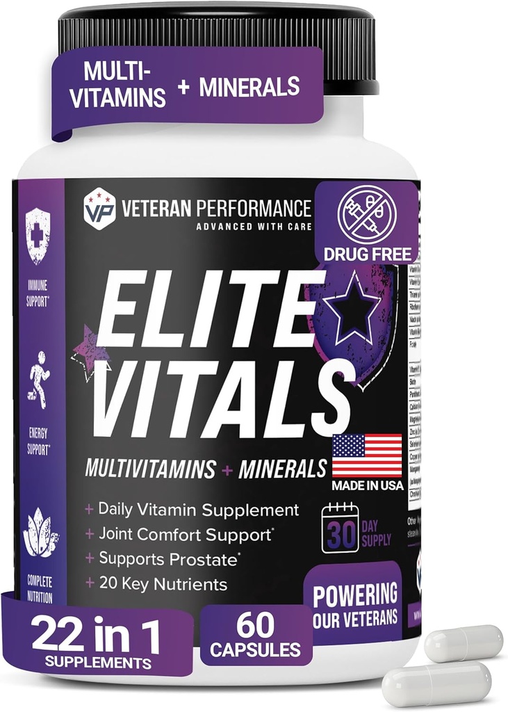 Elite Vitals – Multivitamines quotidiennes masculines avec vitamine B12, supplément de soutien immunitaire sans gluten pour la prostate, joint et énergie avec zinc, thé vert, +20 vitamines essentielles – 60 capsules