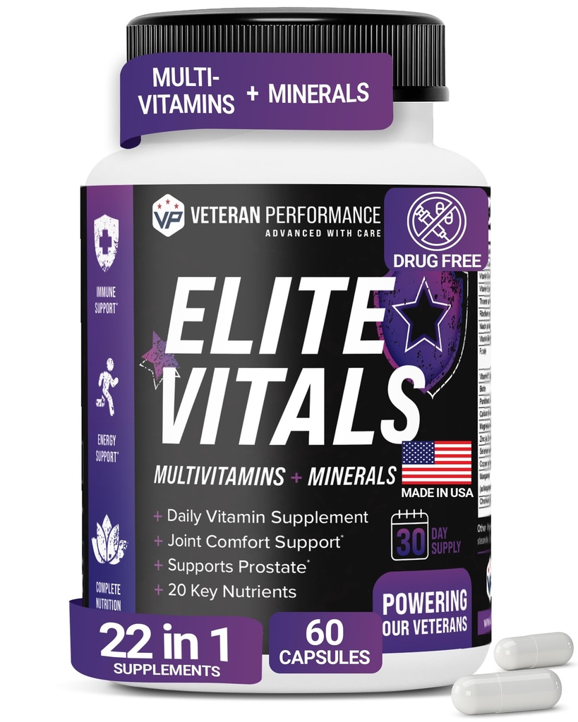 Elite Vitals – Multivitamines quotidiennes masculines avec vitamine B12, supplément de soutien immunitaire sans gluten pour la prostate, joint et énergie avec zinc, thé vert, +20 vitamines essentielles – 60 capsules