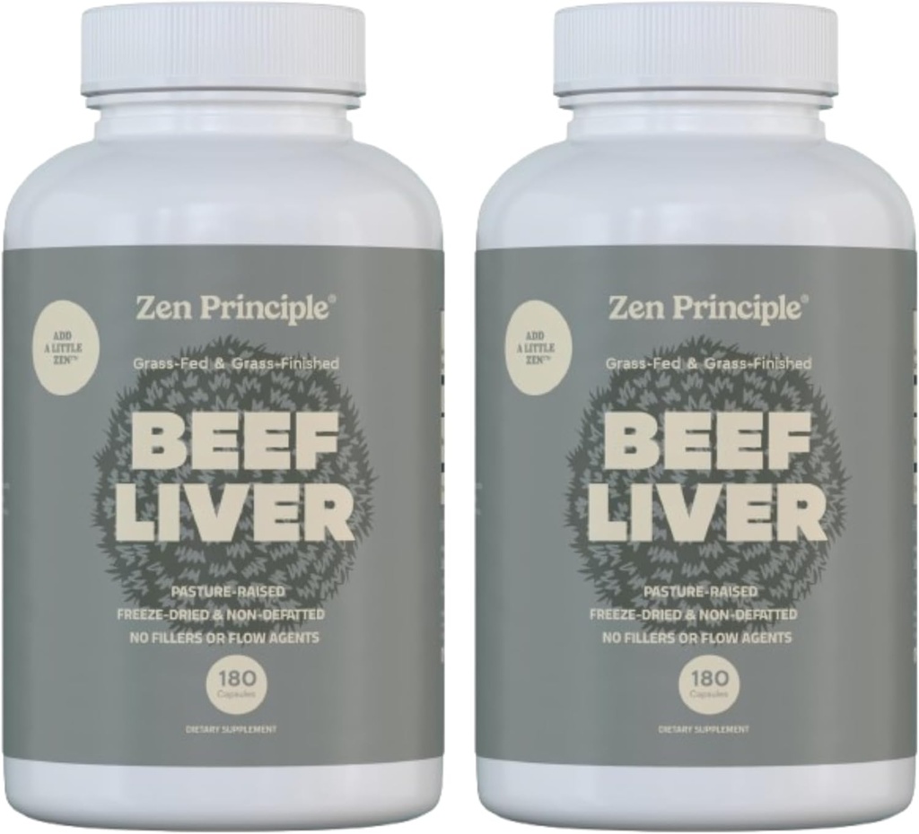 Zen Principe Supplément du foie de boeuf Vaches alimentées à l'herbe, aux pâturages. Supplément hépatique déshydraté, sans hormones ni OGM. Énergie naturelle du fer, protéines, vitamines. 2-Pack, 360 Capsules.