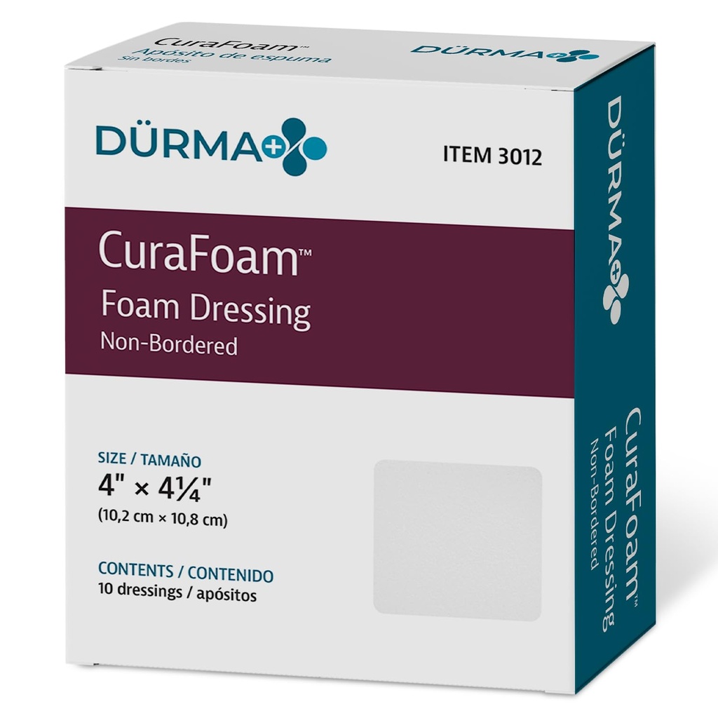 Dynarex 3012 CuraMousse Mousse Dressing, Non-Borded, Stérile, Fournit Cushioned and Moist Wound Care, 4" x 4,25", Pack de 10