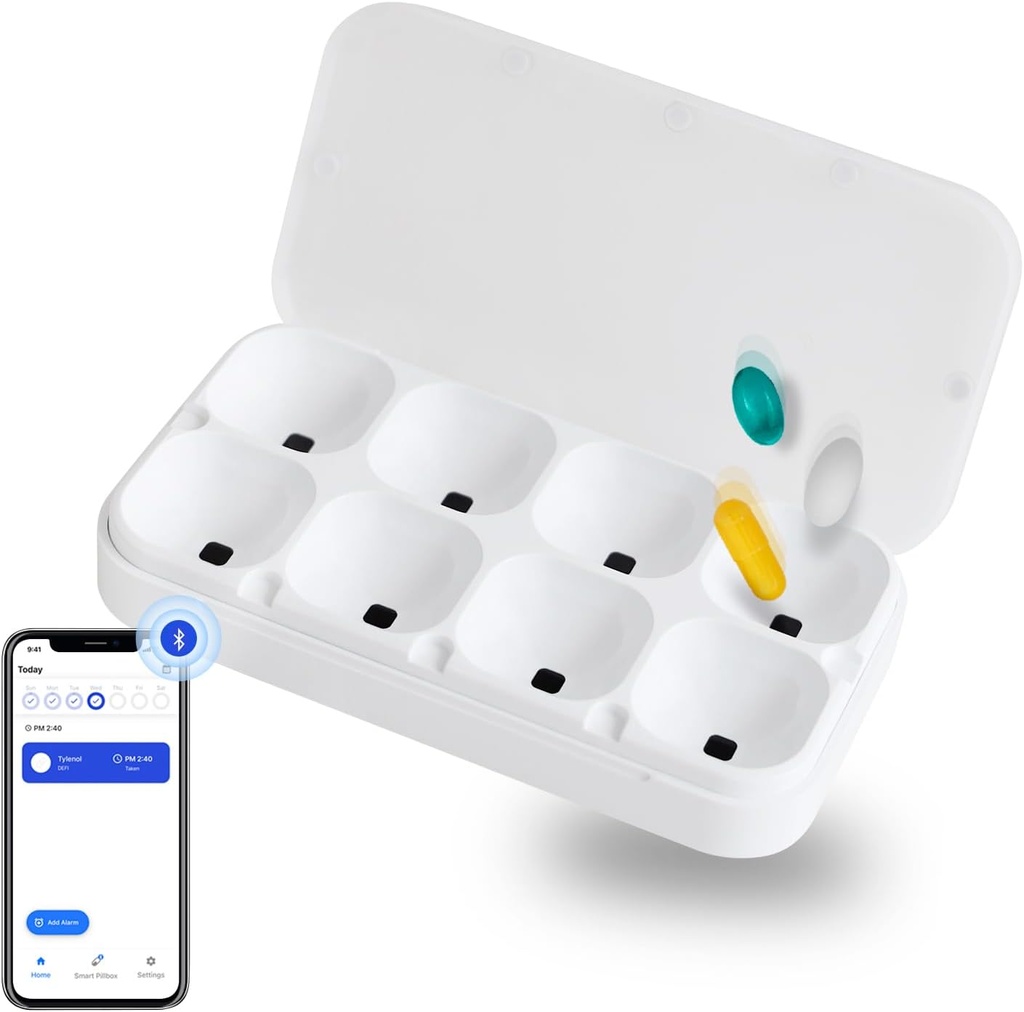 DEFI Smart Pillbox, Large, 8 Fentes, Pill Organizer, Portable, Bluetooth, Facile à utiliser, Selfcare, avec Alarme, Son & Lumière, Daily, Compact Medicine Holder pour Vitamines, Suppléments, App gratuite Rappel.