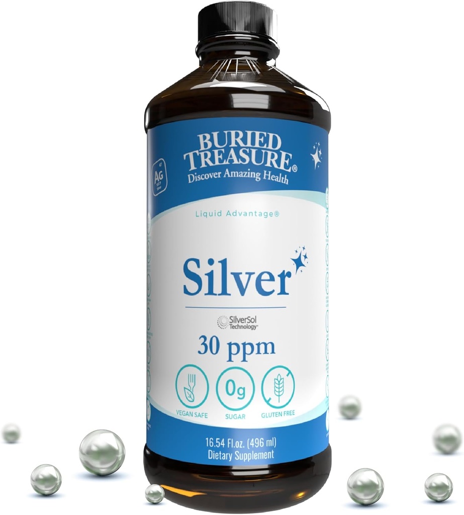 Trésor enseveli liquide d'argent purifié 30 PPM - 16 oz. 96 portions, solution Nano Silver non-accumulative, vaporisateur et supplément immunitaire diététique