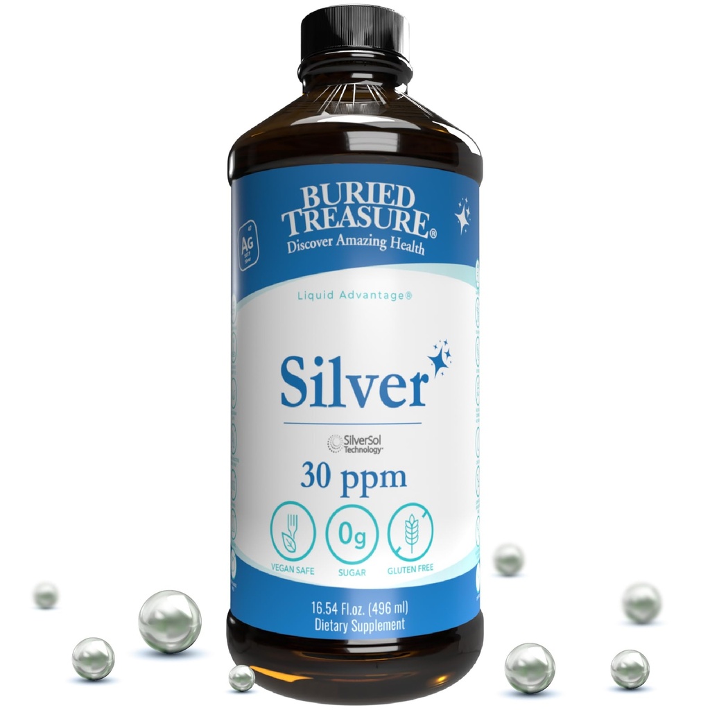 Trésor enseveli liquide d'argent purifié 30 PPM - 16 oz. 96 portions, solution Nano Silver non-accumulative, vaporisateur et supplément immunitaire diététique