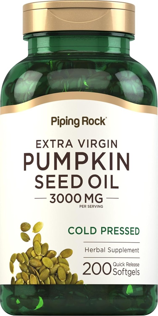 Pipping Rock Pumpkin Seed Oil Capsules Softgel (en anglais seulement) 3000mg (en anglais seulement) 200 Count (en anglais seulement) Cold Pressed Herbal Supplement (en anglais seulement) Extra Virgin (en anglais seulement) Non-OGM, sans gluten