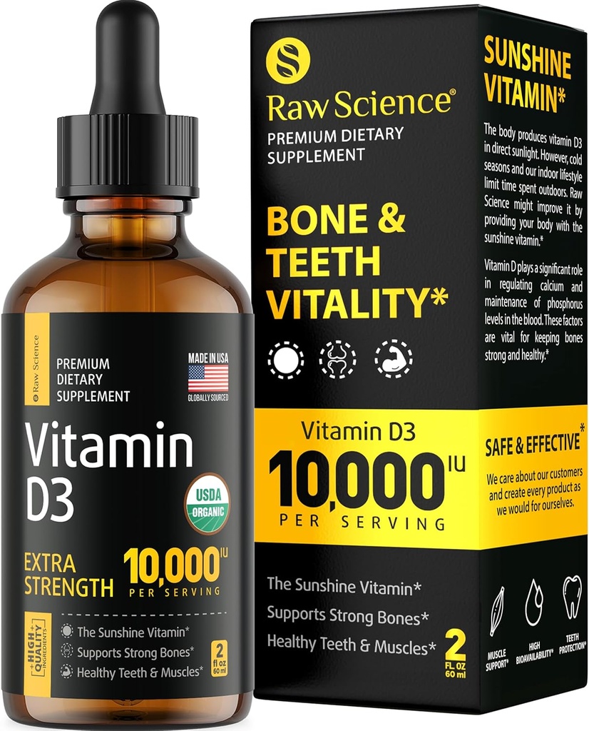 Gouttes de vitamine D liquide - Vitamine D3 10 000 UI pour l'absorption plus rapide - Aide à soutenir les os forts et le coeur en santé - Vit D3 pour la fonction du système d'humeur et d'immunité - Vitamine D3 haute dose Sublingual - 2 fl oz