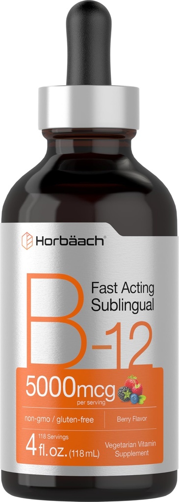 Horbaach B12 Vitamine 5000 mcg Sous-linguistiques : 4 Fl Oz, comme méthylcobalamine et Cyanocobalamine.