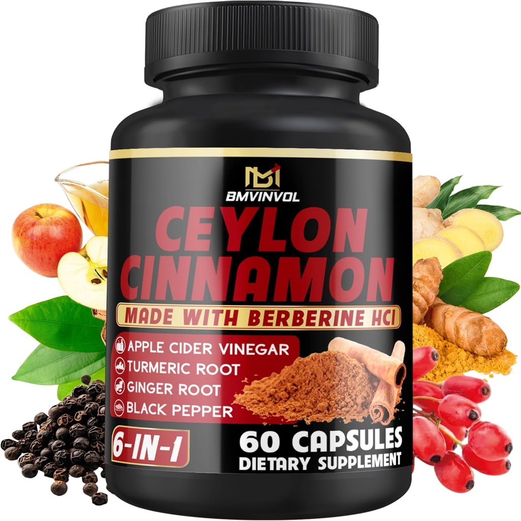 Ceylan Capsules de cannelle avec HCl berbère, vinaigre de cidre de pomme, curcuma, ginseng, poivre noir - 6in1 pour soutenir la fonction immunitaire - 60 Compte