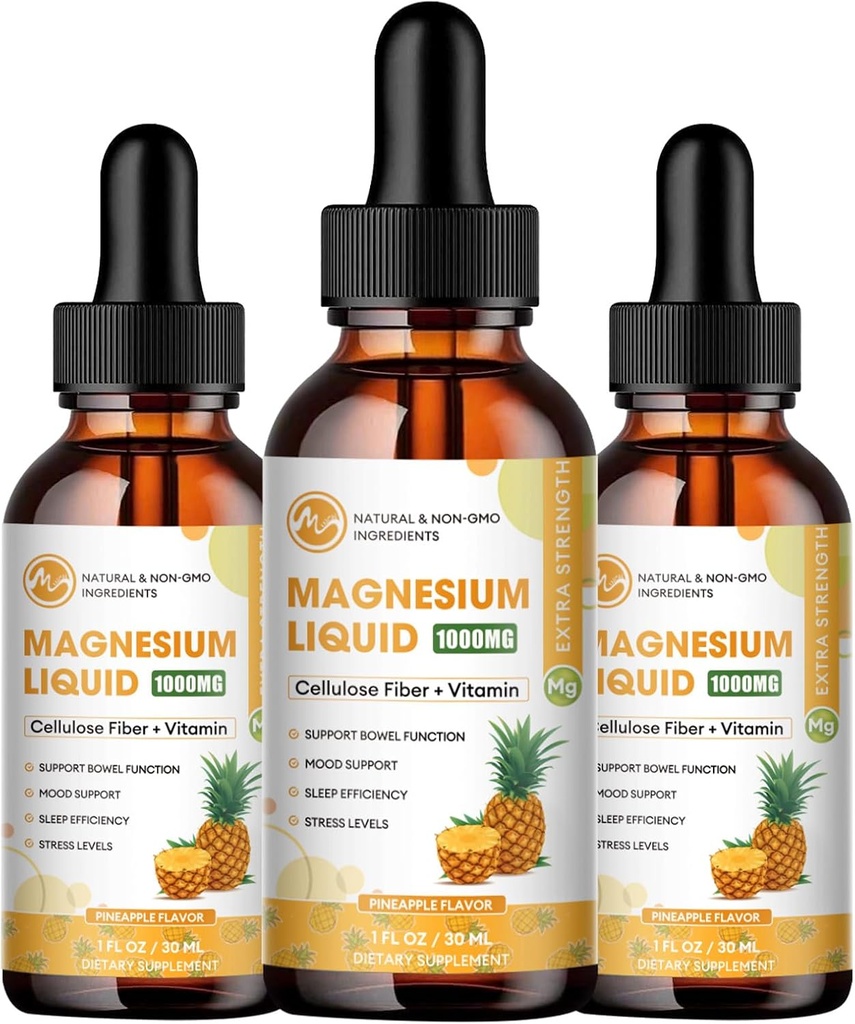 M inch (3 Pack) Gouttes de glycinate de magnésium - Supplément liquide de magnésium 1000mg avec fibre de bromelain vitamine B,C,D - 98% Absorption que les pilules Gummies