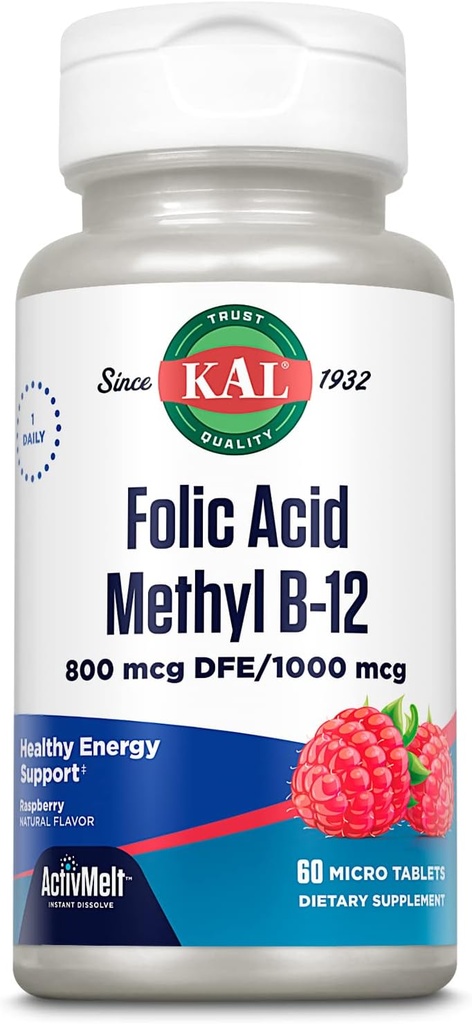 Kal 800 Mcg Acide folique Méthyl B-12 Comprimés, framboise, 60 Compte