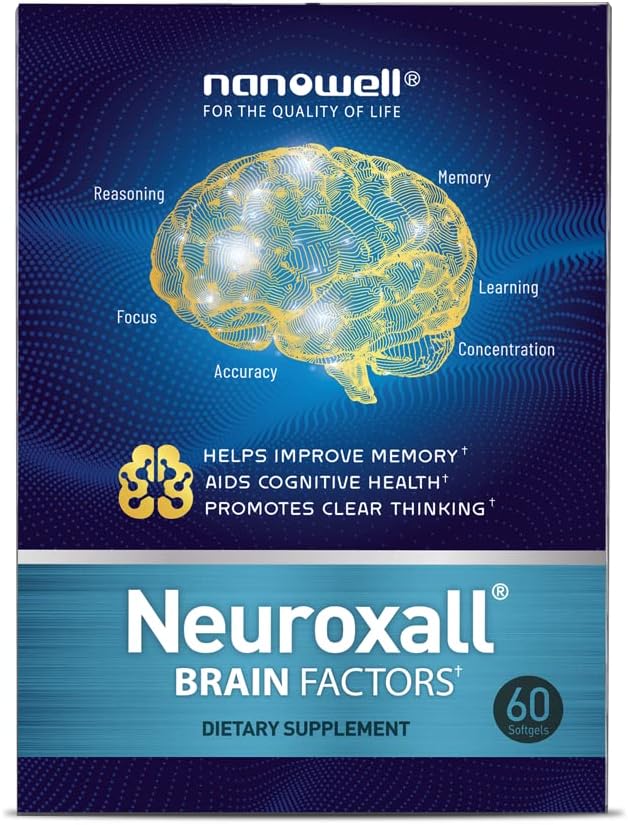 NANOWELL Neuroxall Brain Factors - Cognitive Support with Vitamin B6, Astaxanthin, Ginkgo Biloba Extract & Phosphatidylserine - Boosts Brain Health, Memory & Focus - 60 Softgels