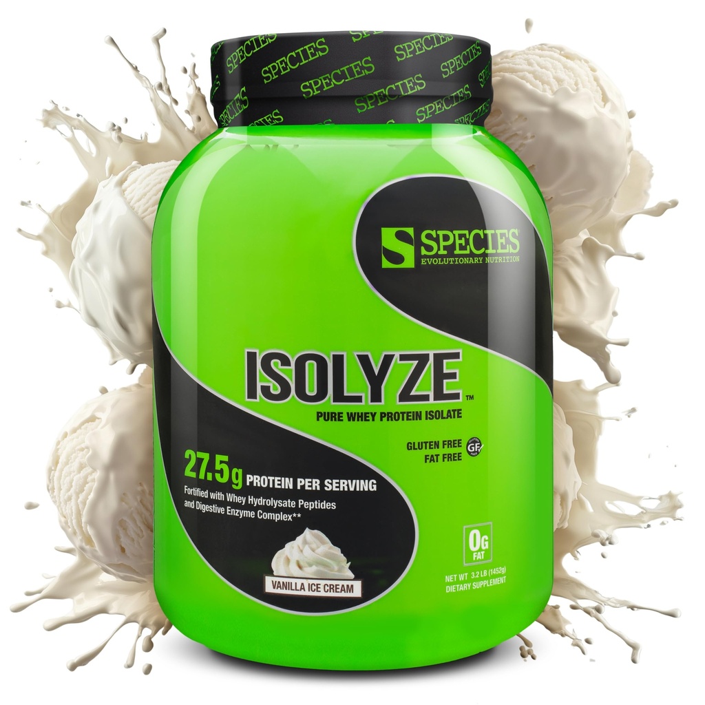 Espèce Nutrition Isolyze Poudre de protéines de lactosérum, 100 % d'isolat de lactosérum pour la musculation, 27,5 g de protéines par scoop, pas de sucre et faible en gras (Vanilla Ice Cream, 44 portions)