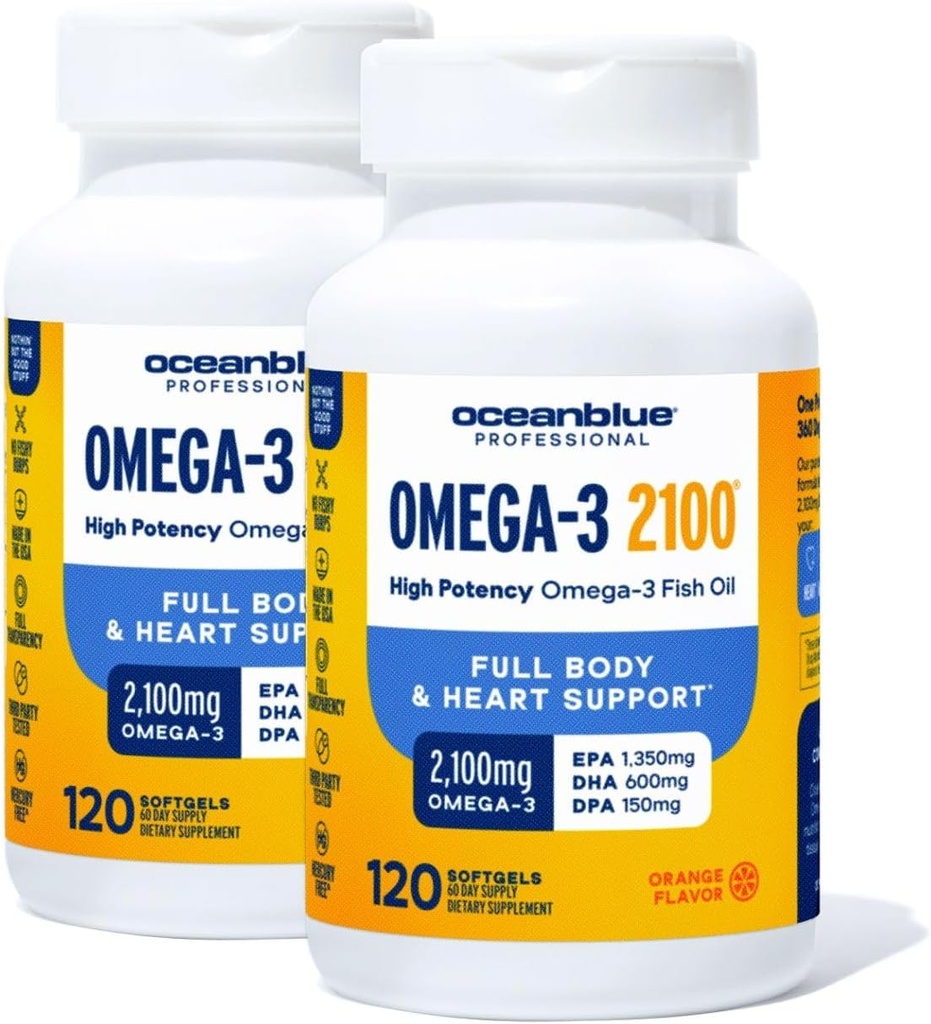 Oceanblue Professional 2100mg | Triple Strength Omega 3 Fish Oil Supplement | Burpless | High Potency EPA DHA | Wild Caught - 120 Count (Pack of 2) Natural Orange Flavor