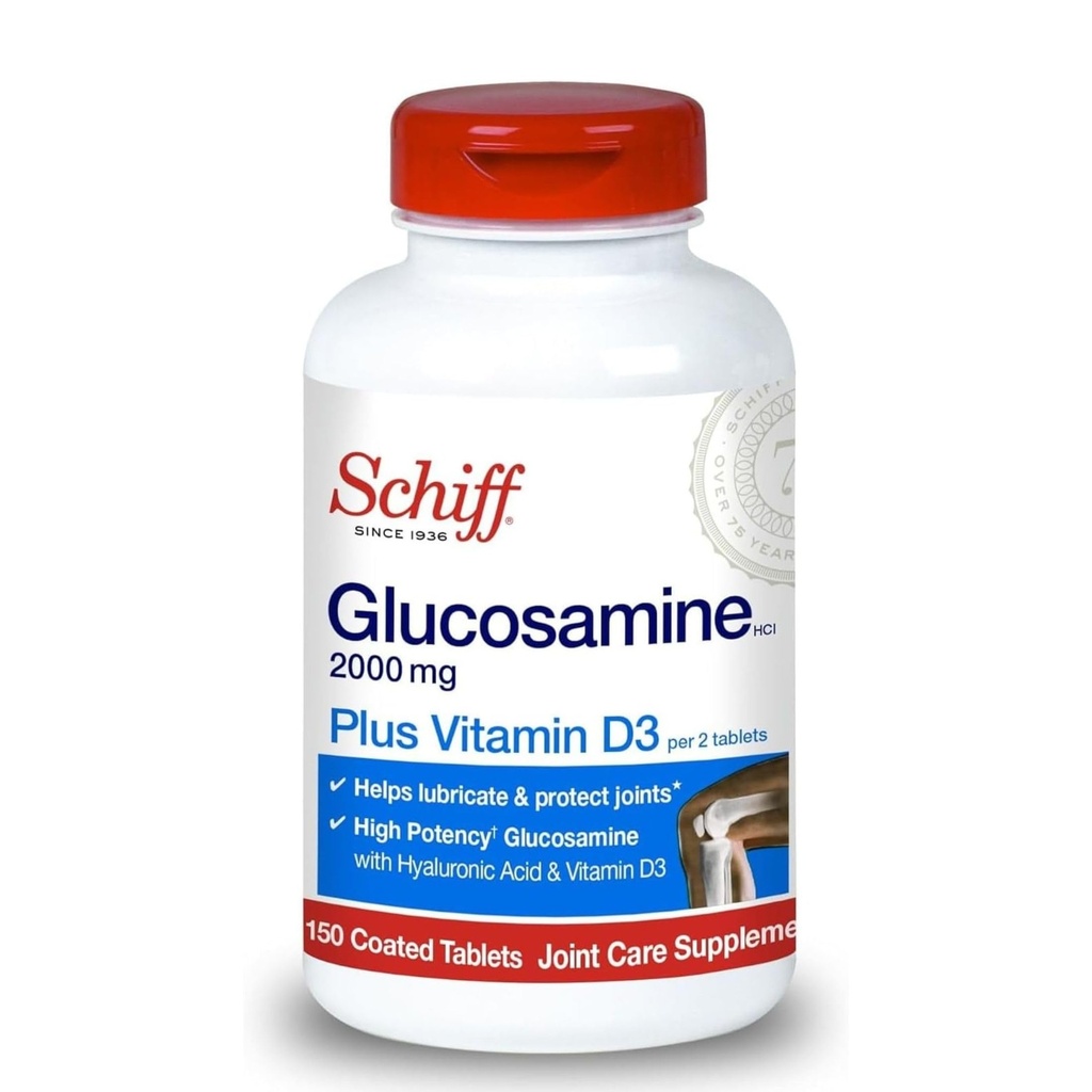 Schiff Glucosamine 2000mg avec vitamine D3 et acide hyaluronique, 150 comprimés - Supplément joint