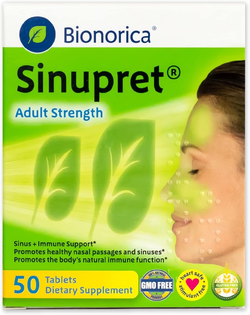 Sinupret Adult Strength Sinus + Immune Support All Natural, Fast Acting Herbal Nasal Passage & Immunity Boost Supplément avec Verbena & Elder Flower - 50 comprimés (Pack de 2)