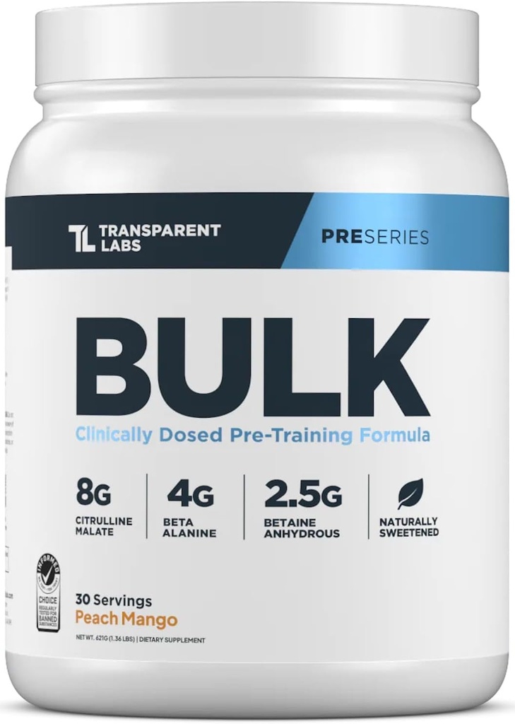 Transparent Labs Bulk Pre Workout Powder - Formule avancée de pré-entraînement naturellement sucrée pour la construction musculaire et la force - 30 portions, pêche Mango