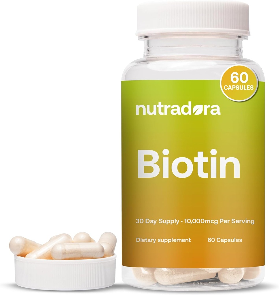 Biotine 10000mcg Capsules avec Calcium pour la peau et les ongles des cheveux - Produit naturellement Biotine Supplément pour la croissance et l'épaisseur des cheveux 10 000mcg Capsules végétaliennes – Formulé aux États-Unis 60 Compte