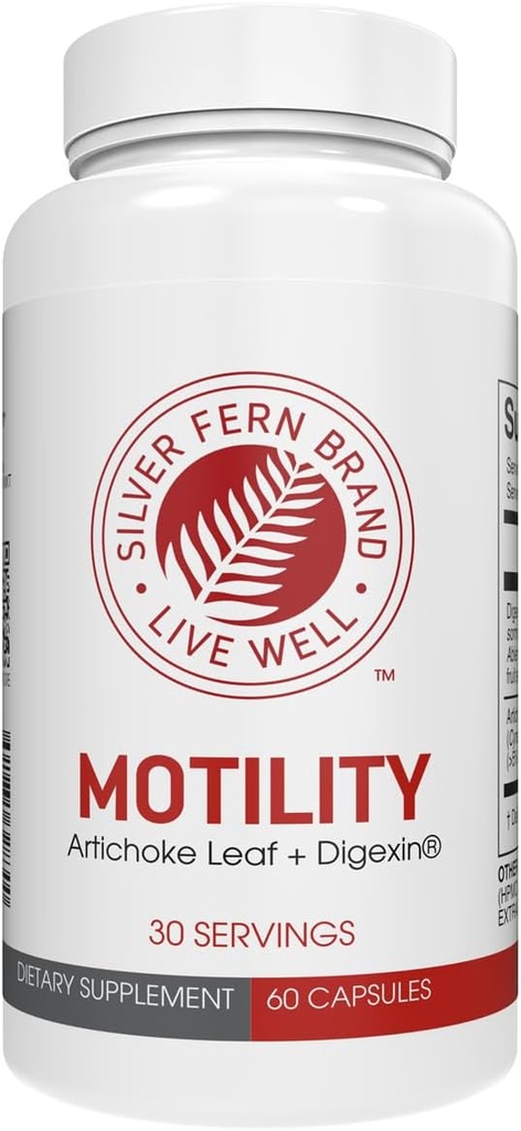 Silver Fern Brand Motility- Constipation non laxative et stimulation de la motilité lente - 60 capsules, 30 jours d'approvisionnement - Contient une feuille d'artichaut, des pods Okra tendres, et cerise d'hiver